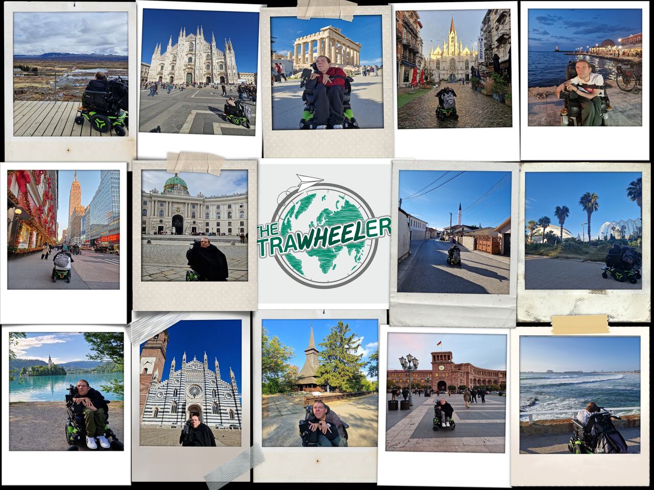 A photo collage of my travels. It has photos from Iceland, Milan, Acropolis, Brussels, Chania, New York, Vienna, Podgorica, Valencia, Slovenia, Monza, Bucharest, Yerevan, Portugal and the Trawheeler logo in the middle.